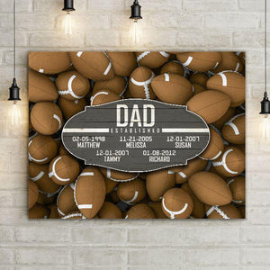 Football Dad Established Date Canvas Print Wall Hanging.  Beautiful Home Decor, Office Decoration, or Man Cave Sign.  Best Father's Day Gift Idea for #1 Dad. Carved wood Sign for sports enthusiast on a background of sports-themed wall art.