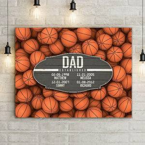Basketball Dad Established Date Canvas Print Wall Hanging.  Beautiful Home Decor, Office Decoration, or Man Cave Sign.  Best Father's Day Gift Idea for #1 Dad. Carved wood Sign for sports enthusiast on a background of sports-themed wall art.