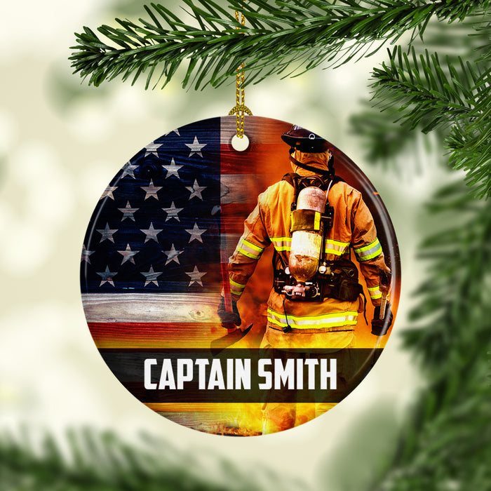 Custom Firefighter American Flag Ceramic Ornament