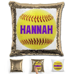 Softball Personalized Magic Sequin Pillow Pillow GLAM Gold Purple 