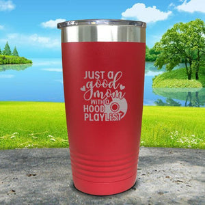 Just a Good Mom With a Hood Playlist Engraved Tumbler Tumbler ZLAZER 20oz Tumbler Red 