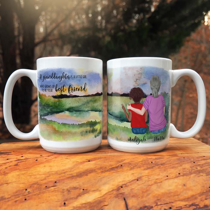 granddaughter best friend personalized coffee mug for nana. watercolor sunset nana travel mug