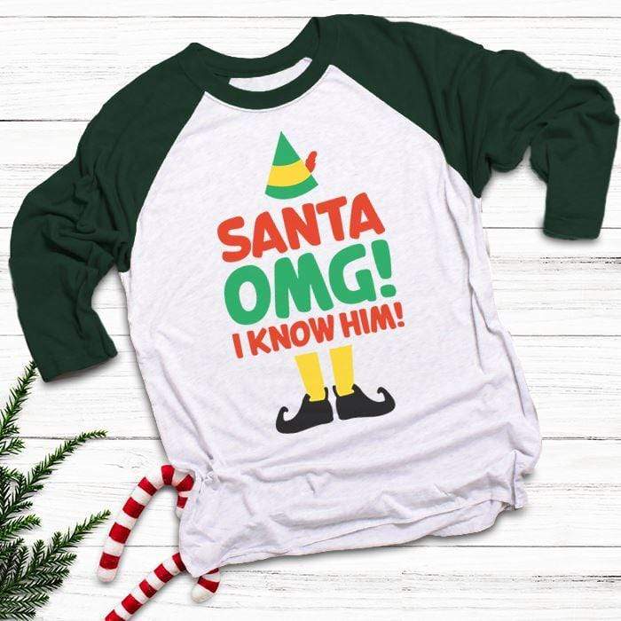 Santa I Know Him Raglan T-Shirts CustomCat White/Forest X-Small 