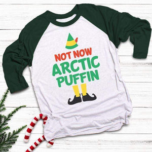 Not Now Arctic Puffin Raglan T-Shirts CustomCat White/Forest X-Small 