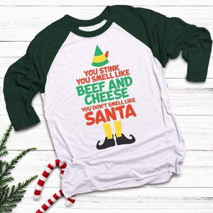 Don't Smell Like Santa Raglan T-Shirts CustomCat White/Forest X-Small 