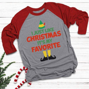 Christmas Is My Favorite Raglan T-Shirts CustomCat Heather Grey/Red X-Small 