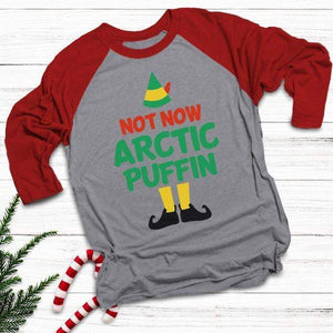 Not Now Arctic Puffin Raglan T-Shirts CustomCat Heather Grey/Red X-Small 