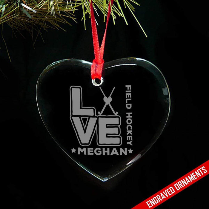 Love Hockey CUSTOM Engraved Glass Ornament ZLAZER Heart Ornament 