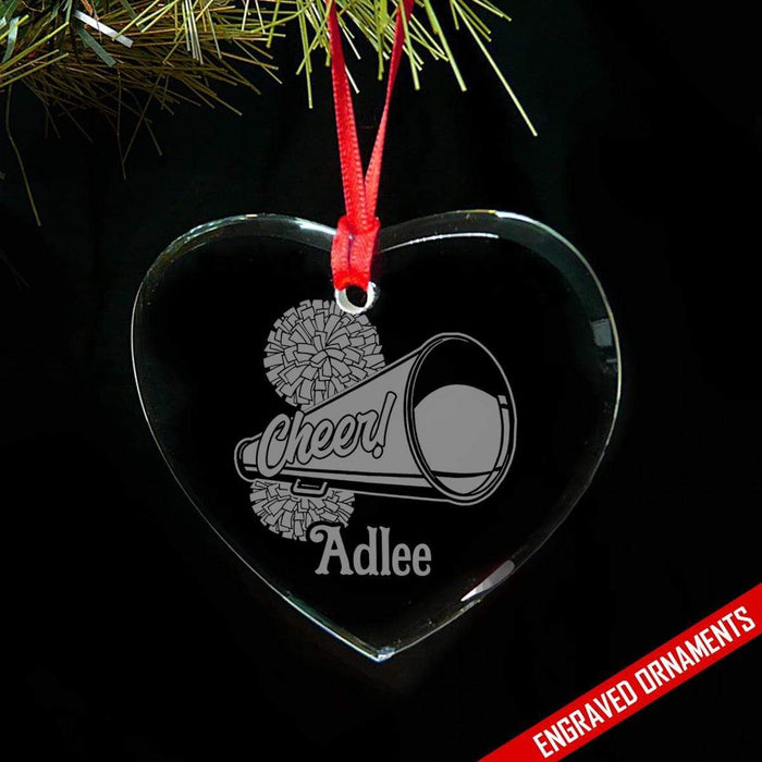 Cheerleader Pom Pom CUSTOM Engraved Glass Ornament ZLAZER Heart Ornament 