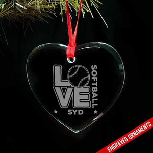 Love Softball CUSTOM Engraved Glass Ornament ZLAZER Heart Ornament 