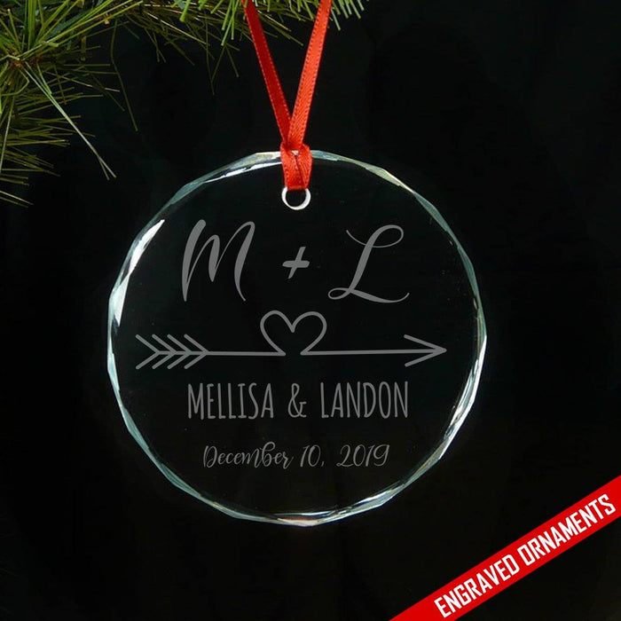 Personalized Initials And Arrow Heart Engraved Glass Ornament