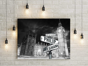 Personalized Street Sign with Names in Westminster Palace, Europe near Big Ben Clock tower and winter trees. Canvas home decor is perfect artwork for living room or bedroom, and makes a unique personalized wedding gift. LemonsAreBlue Lemons Are Blue Brand