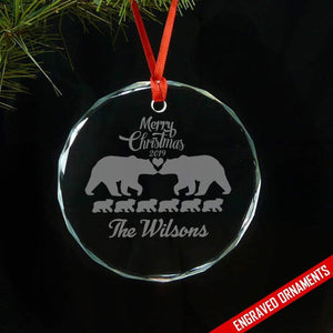 Mama Papa Bear Family With Kids (CUSTOM) Premium Engraved Glass Ornament ZLAZER Circle Ornament 