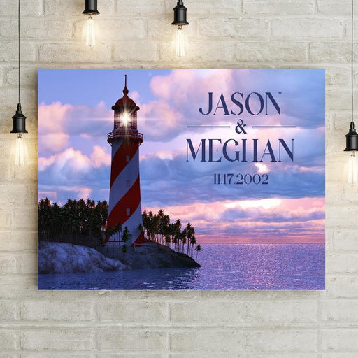 Dramatic Sunset Island Red White Striped Lighthouse Personalized Gift for Beach House, Nautical Theme, or Personalized Beach Wedding Gift. Includes Groom and Bride Name with Marriage Date printed on Quality Canvas. Beautiful custom wall decor.