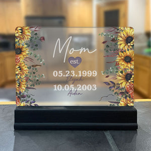 Personalized Gift for Mom - Established Kid Names and Birthdate Sign Sunflower Desk Plaque