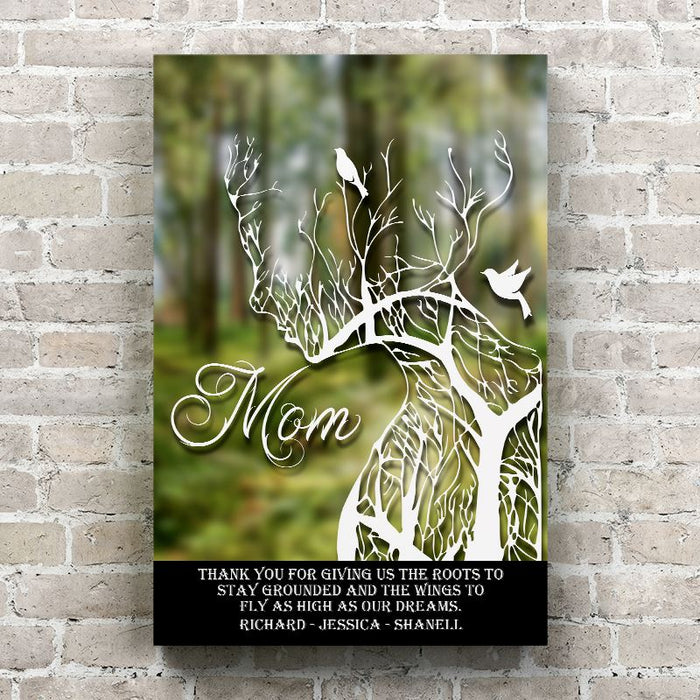 Mom Roots to Stay Grounded Face Silhouette of a Tree  - Personalized Canvas Wall Art