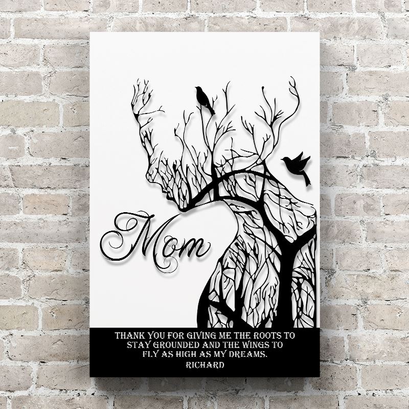 Mom Roots to Stay Grounded Face Silhouette of a Tree  - Personalized Canvas Wall Art