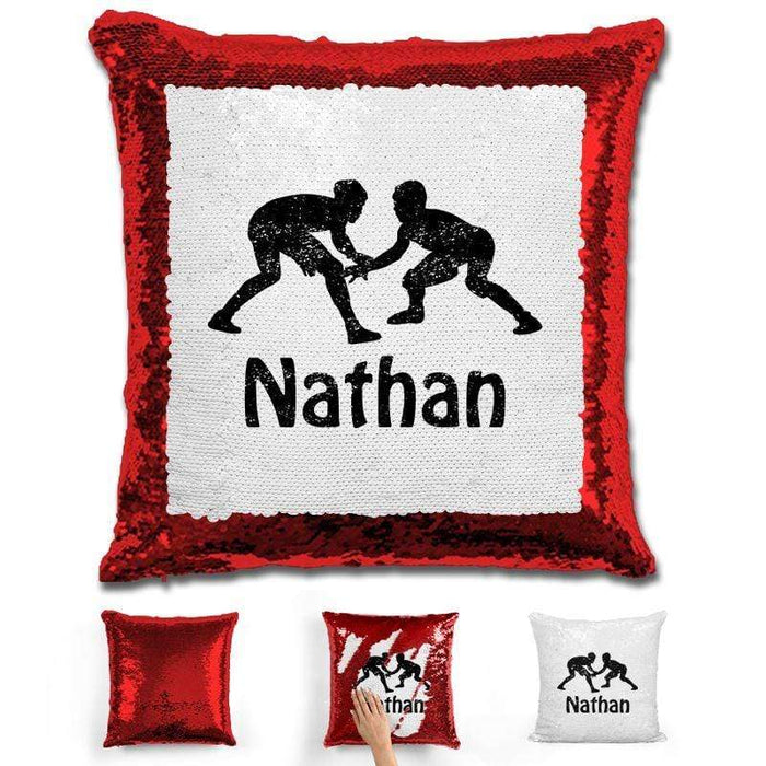 Wrestling Personalized Magic Sequin Pillow Pillow GLAM Red Black 