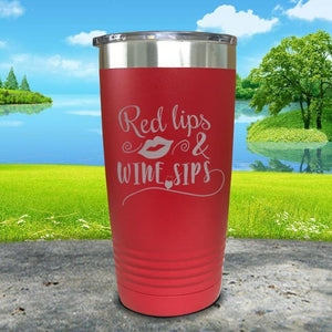 Red Lips and Wine Sips Engraved Tumbler Tumbler ZLAZER 20oz Tumbler Red 
