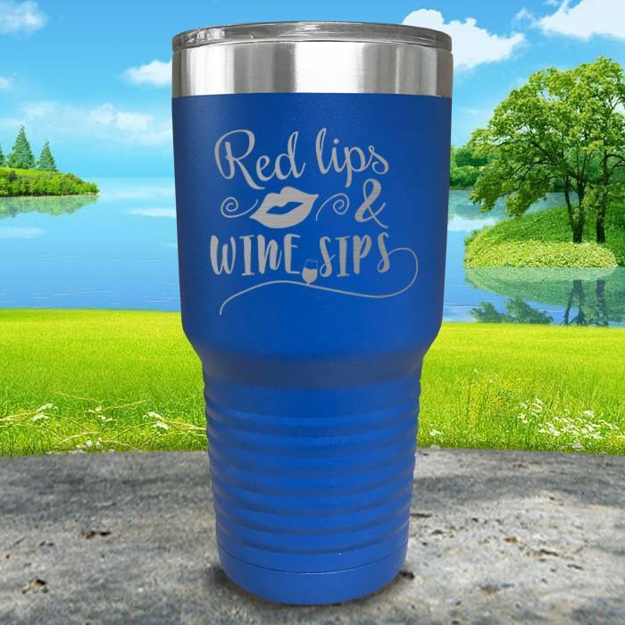 Red Lips and Wine Sips Engraved Tumbler Tumbler ZLAZER 30oz Tumbler Blue 