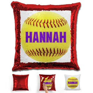Softball Personalized Magic Sequin Pillow Pillow GLAM Red Purple 