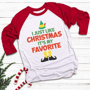 Christmas Is My Favorite Raglan T-Shirts CustomCat White/Red X-Small 