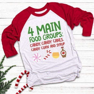 4 Main Food Groups Raglan T-Shirts CustomCat White/Red X-Small 