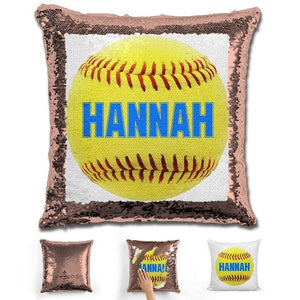 Softball Personalized Magic Sequin Pillow Pillow GLAM Rose Gold Light Blue 