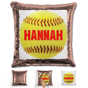 Softball Personalized Magic Sequin Pillow Pillow GLAM Rose Gold Red 