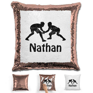 Wrestling Personalized Magic Sequin Pillow Pillow GLAM Rose Gold Black 