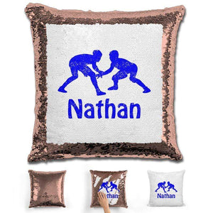 Wrestling Personalized Magic Sequin Pillow Pillow GLAM Rose Gold Blue 