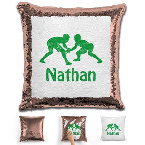 Wrestling Personalized Magic Sequin Pillow Pillow GLAM Rose Gold Green 