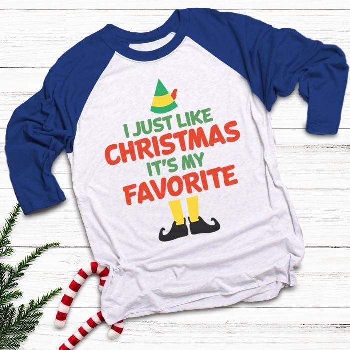 Christmas Is My Favorite Raglan T-Shirts CustomCat White/Royal X-Small 