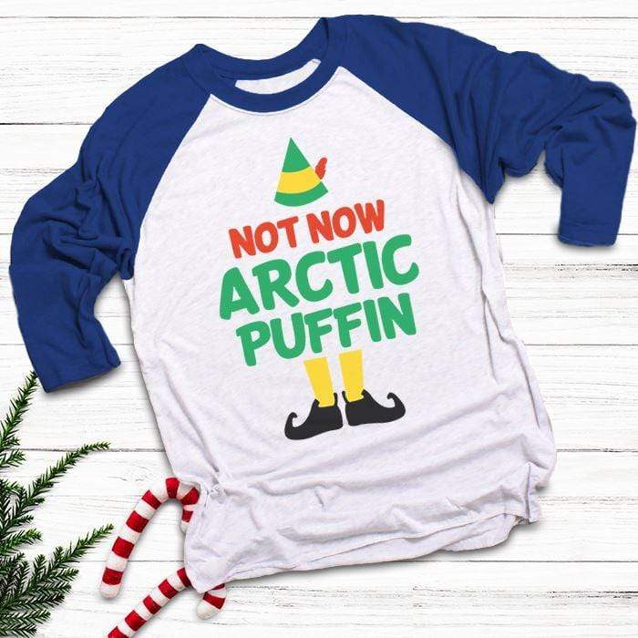 Not Now Arctic Puffin Raglan T-Shirts CustomCat White/Royal X-Small 