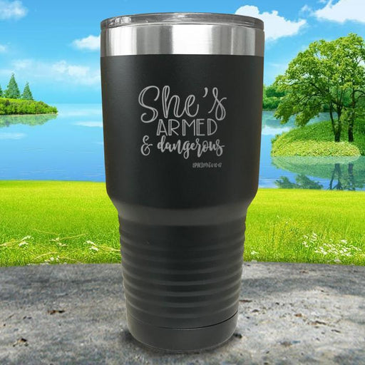 She's Armed And Dangerous Engraved Tumbler Tumbler ZLAZER 30oz Tumbler Black 