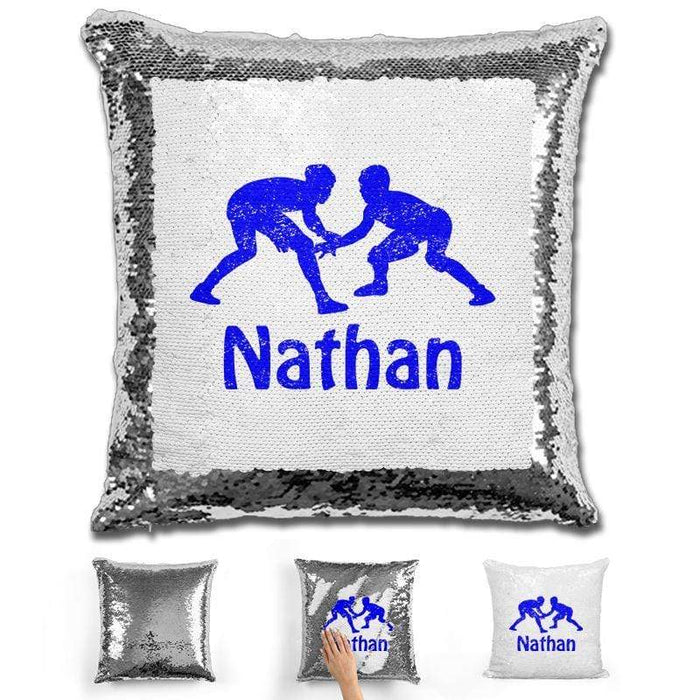 Wrestling Personalized Magic Sequin Pillow Pillow GLAM Silver Blue 