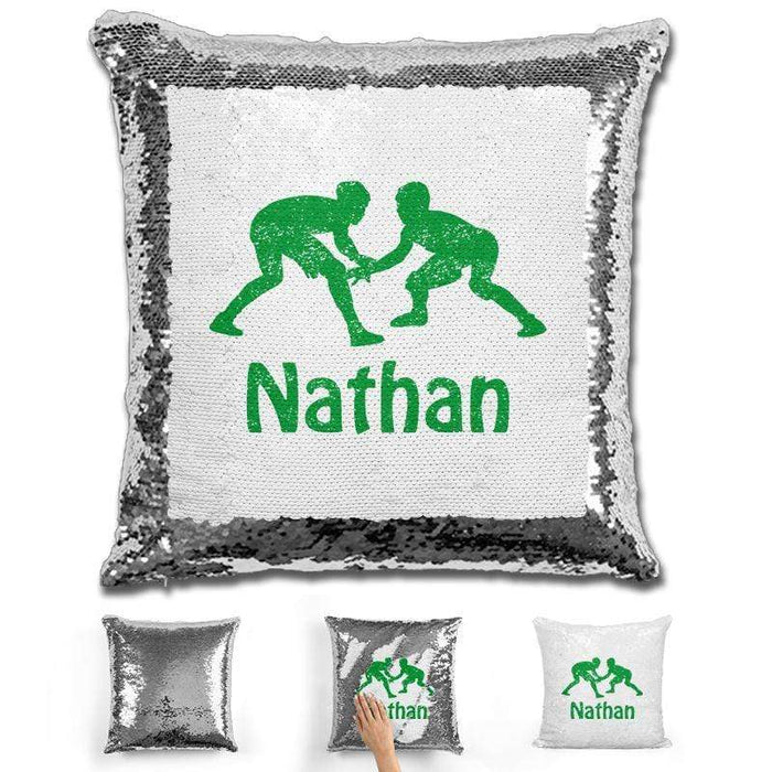 Wrestling Personalized Magic Sequin Pillow Pillow GLAM Silver Green 