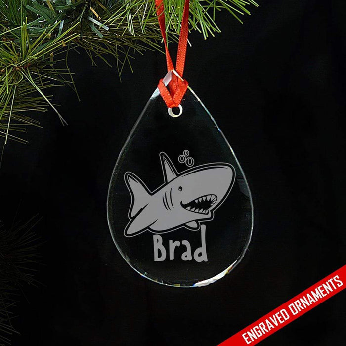 Shark CUSTOM Engraved Glass Ornament ZLAZER Tear Drop Ornament 