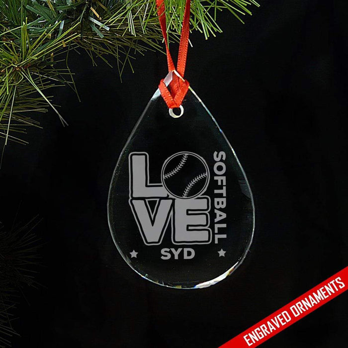 Love Softball CUSTOM Engraved Glass Ornament ZLAZER Tear Drop Ornament 