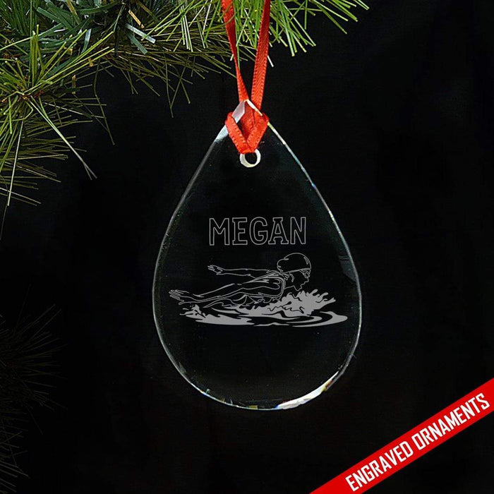 Swimming CUSTOM Engraved Glass Ornament ZLAZER Tear Drop Ornament 