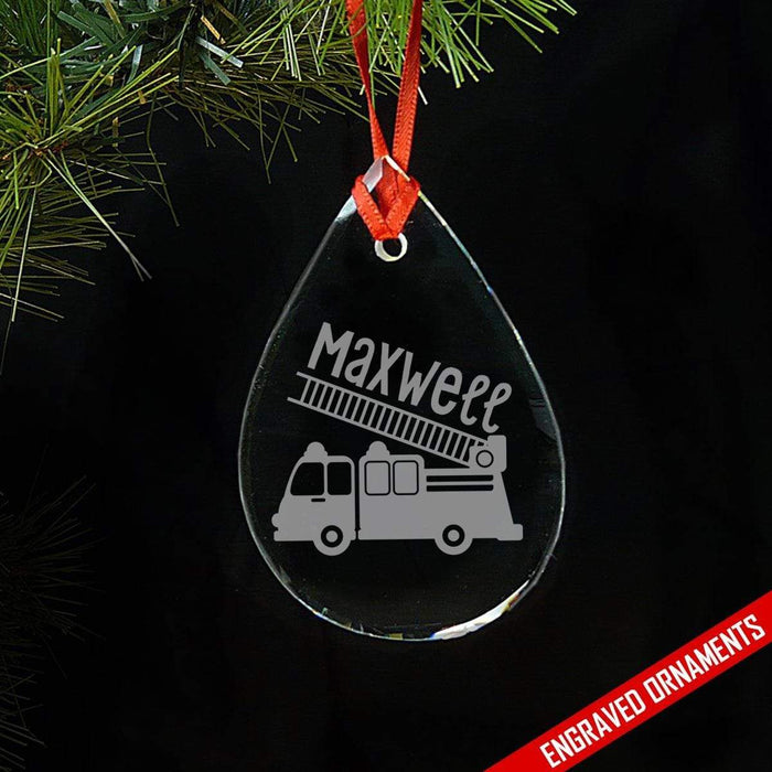 Firetruck CUSTOM Engraved Glass Ornament ZLAZER Tear Drop Ornament 