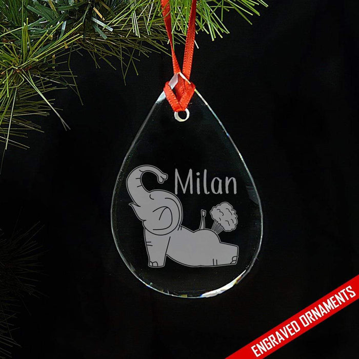 Yoga Elephant CUSTOM Engraved Glass Ornament ZLAZER Tear Drop Ornament 