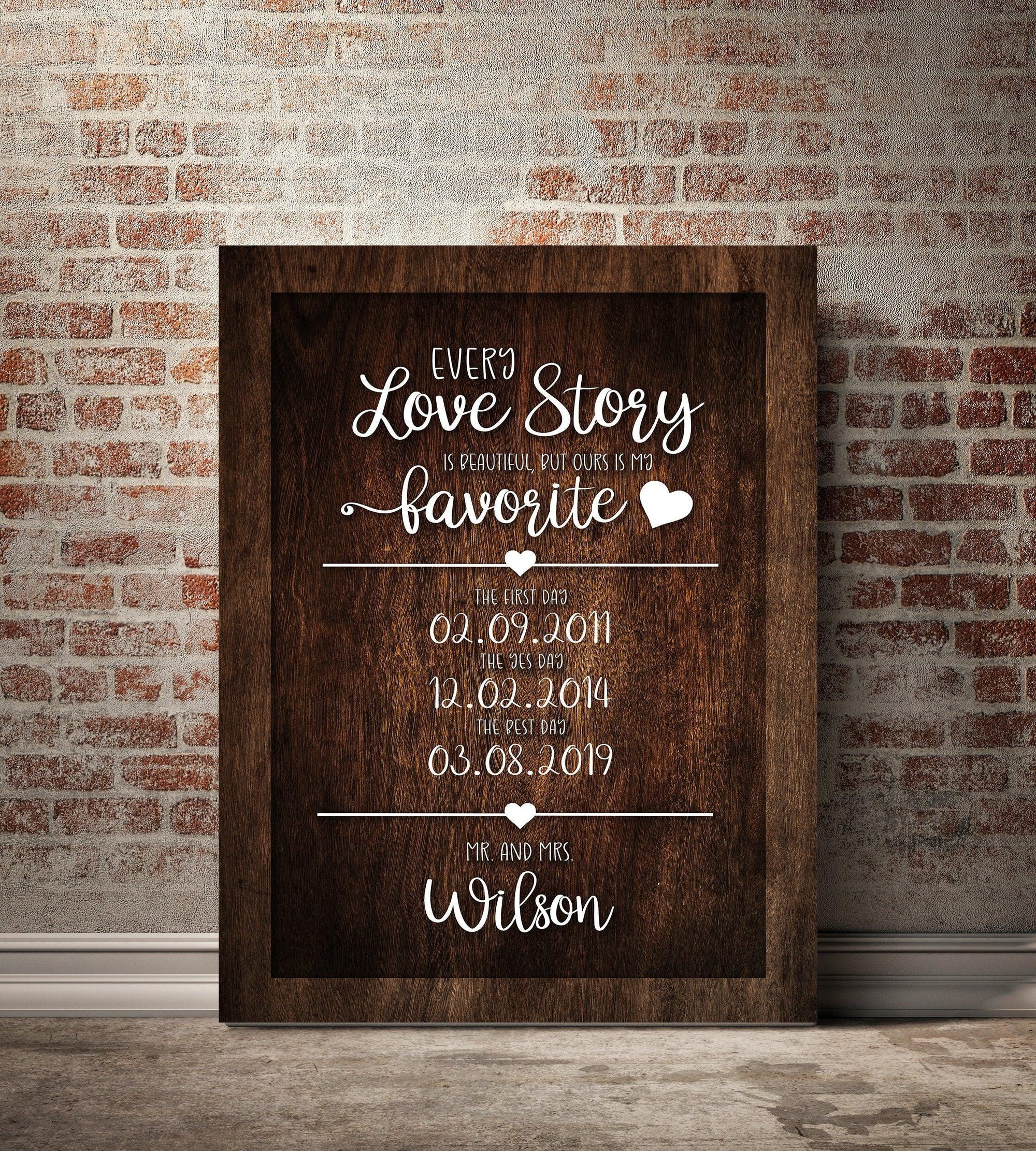 Every Love Story is beautiful, but ours is my favorite milestone first kiss first date wedding art. Wooden plaque design on 1 1/2 thick gallery quality canvas wall art. Includes last name. Hottest wedding gift for 2021. Unique wedding present for same-sex couples.