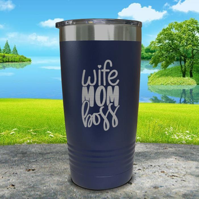 Wife Mom Boss Engraved Tumbler Tumbler ZLAZER 20oz Tumbler Navy 