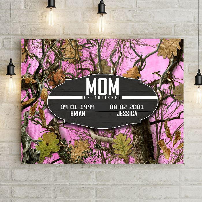 Mom Established Pink Camo Oak Leaf TreeCamouflage Camo Dad Wood Sign with Kids Names and Birthdays Printed on Large Wall Hanging Canvas Art Decor. Great Mother's Day Gift for office or family room decor.