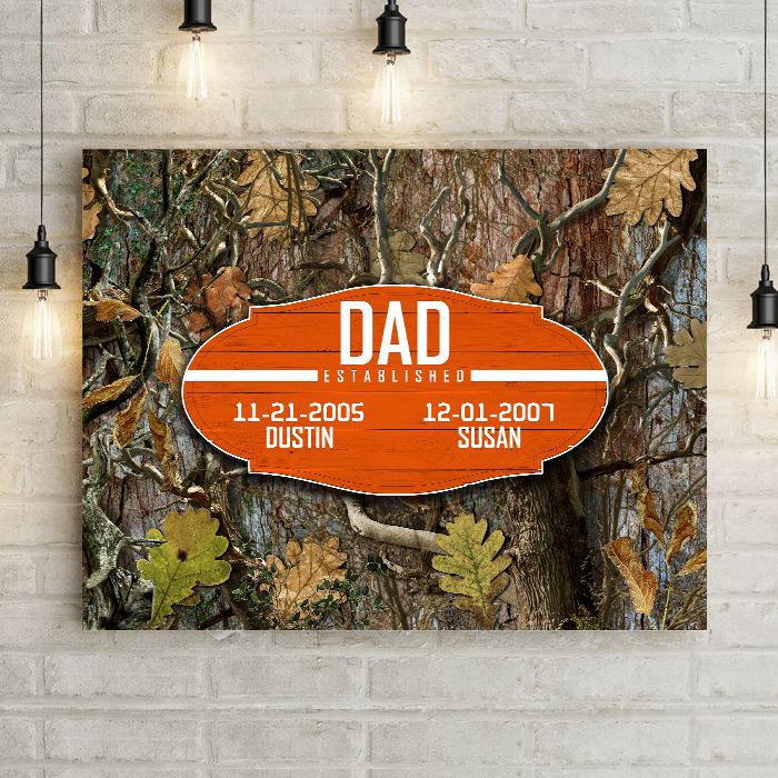 Dad Established Hunter Safety Orange Camouflage Camo Dad Wood Sign with Kids Names and Birthdays Printed on Large Wall Hanging Canvas Art Decor. Great Father's Day Gift for office or man cave.