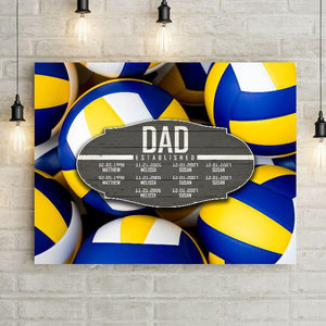 Volleyball Dad Established Date Canvas Print Wall Hanging.  Beautiful Home Decor, Office Decoration, or Man Cave Sign.  Best Father's Day Gift Idea for #1 Dad. Carved wood Sign for sports enthusiast on a background of sports-themed wall art.