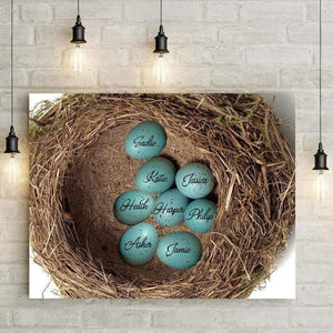 Speckled Blue Robin Eggs Personalized with Family Names in Nest Canvas Wall Art. Beautiful unique custom print makes the best gift for grandmas and a heartfelt gift for Mother's Day. LemonsAreBlue Lemons Are Blue Brand