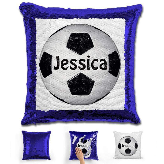 Soccer Personalized Magic Sequin Pillow Pillow GLAM Blue Black 