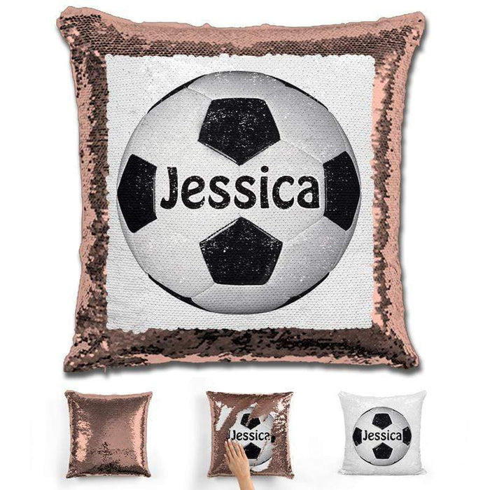 Soccer Personalized Magic Sequin Pillow Pillow GLAM Rose Gold Black 